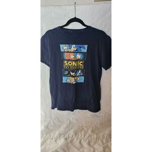 Boys Sonic the Hedgehog Sega Shirt Knuckles Tails Navy Blue Background